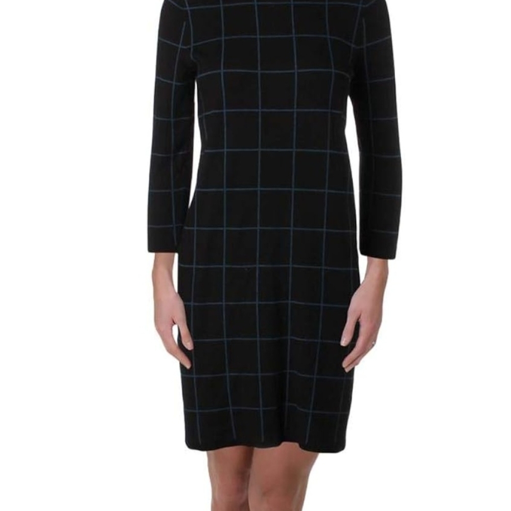 B60 Anne Klein Black and Blue Grid Long Sleeve Sweater Dress Sz Md Scoop Neck - Picture 3 of 13